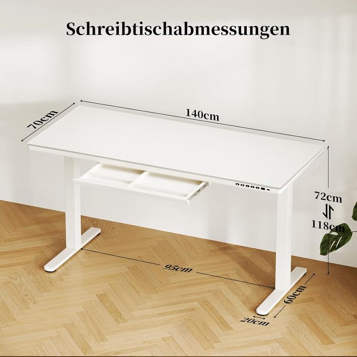 Регульований за висотою стіл JUMMICO, електричний стіл з ящиком, 120x60 см, стіл для стоячи/сидячи, Standing Desk для дому/офісу, білий (140 x 70 см, білий)