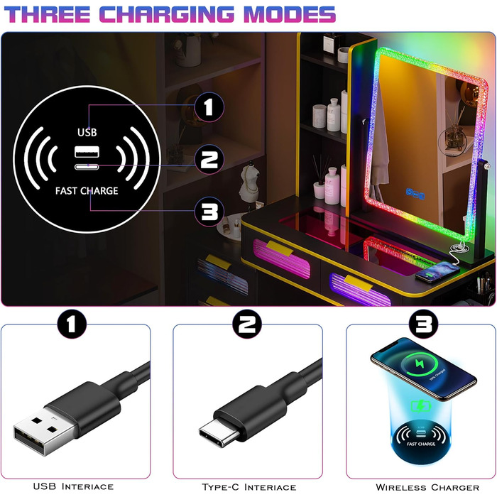 Туалетний столик Lvifur RGB з бездротовою зарядкою, USB, з можливістю затемнення, табурет, 5 ящиків (чорний)