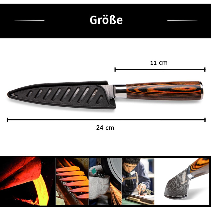 Ніж кухарський Damast від Wolfblood (24см) з нержавіючої сталі Damast, 67 шарів, з дерев'яною ручкою, сертифікований TÜV, у подарунковій коробці з захистом леза