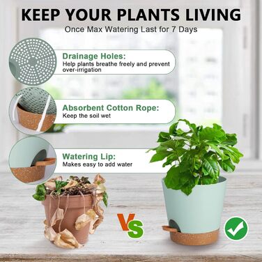 Набір горщиків для квітів 2 шт. 25.4 см, пластикові горщики з системою поливу, сучасний дизайн для дому, балкону, саду, сукулентів, кактусів (зелений) (зелений, коричневий, 20.3 см)
