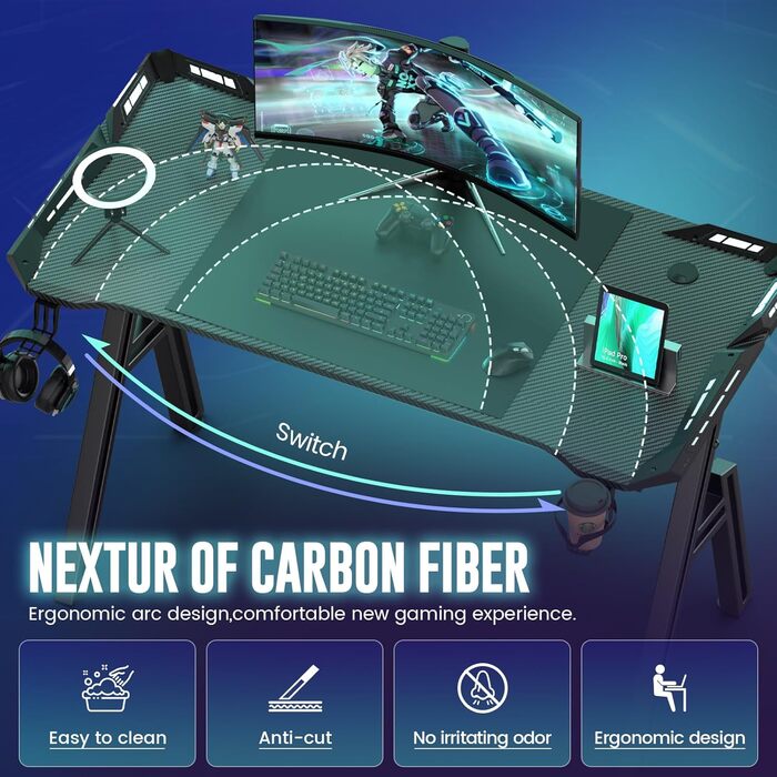 Ігровий стіл Kidsgigglz з LED-підсвічуванням 120x60 см: ергономічний комп'ютерний стіл з тримачем для напоїв та гачком для навушників для дому, офісу, кутовий стіл (140x60 см з рамою)