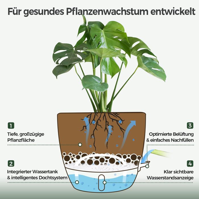 Набір 4 самополивні горщики для квітів T4U з індикатором рівня води, легкі у догляді, великі (30 см, білий)