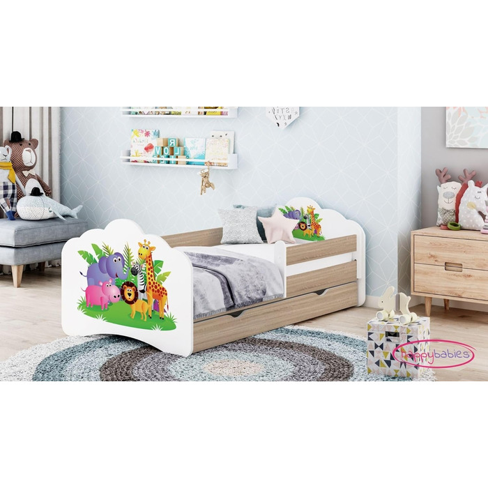 Дитяче ліжечко Happy Babies MOBI 160 x 80 Дитяче ліжко із захистом від падіння та ящиком для зберігання Молодіжне ліжко з кольоровою наклейкою Дитяче ліжечко з матрацом 80x160 Дитяче ліжко для дівчинки Дуб Сонома (М18)