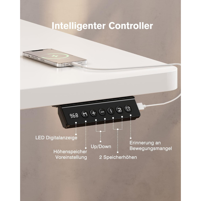 Регульований стіл Devoko з USB-роз'ємом, електричний, 160x70 см, білий