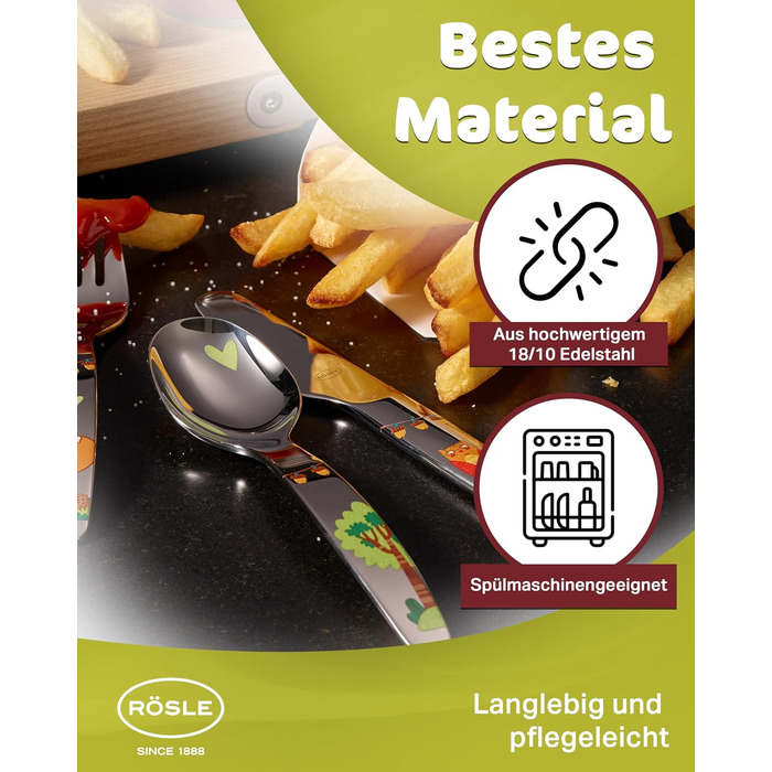 Дитячий набір столових приборів RÖSLE 'Waldfreunde' (4 шт.) з нержавіючої сталі 18/10, для дітей від 3 років, придатний для миття в посудомийній машині, чудовий подарунок на хрещення для хлопчиків та дівчаток