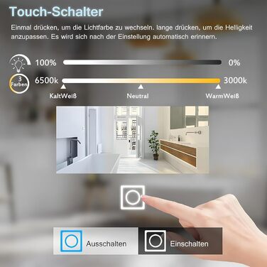 MIQU Дзеркало для ванної кімнати з підсвічуванням LED 60x50 см, сенсорне, проти запотівання, з Bluetooth та розеткою, 3 кольори світла, диммування