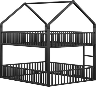 Двоярусне ліжко 140x200 см для 2 дітей, з будиночком, сходами та дверцятами, металеве, з захистом від падіння та ламелями (чорне)