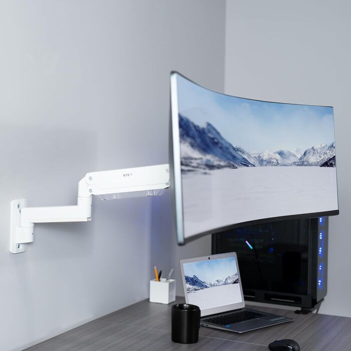Кріплення для монітора VIVO MOUNT-V101G1W - алюмінієва підставка для широких моніторів до 124.5 см (50 дюймів) та 20 кг, пневматичне регулювання висоти, VESA 100x100, білий