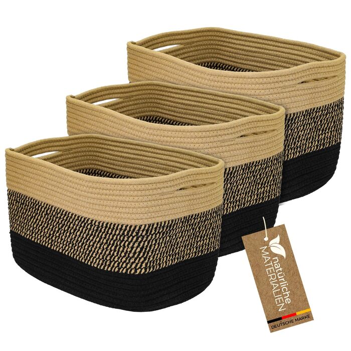 Набір кошиків для зберігання HMF, 3 шт., з прихованими ручками, бавовна, 37,5 x 25 x 22,5 см, чорний-медовий