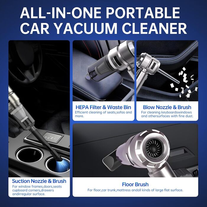 Бездротовий портативний автомобільний пилосос, потужний циклонний міні-пилосос 23000Па з USB-зарядкою для авто, дому та офісу, сріблястий
