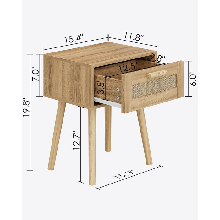 Тумбочка HEYZOEY Ротанг, Тумбочка з ящиком, Приліжковий комод, Дерев'яні ніжки, Дуб натуральний, Жовтий