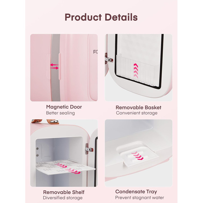 Міні холодильник FOHERE 5 літрів, USB живлення, 220V/12V, для напоїв та косметики, білий (рожевий)