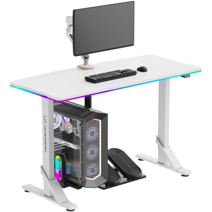 Комп'ютерний стіл ULTRADESK Iron з RGB підсвічуванням: механічний регульований стіл для геймінгу (білий)