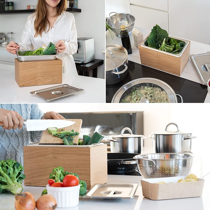 КАЗАЙ. Дизайнерське органічне відро для сміття-Holma - / 6L, придатне для миття в посудомийній машині і виготовлене з натурального дерев'яного шпону / кухонне відро для компосту для органічних відходів / Дуб