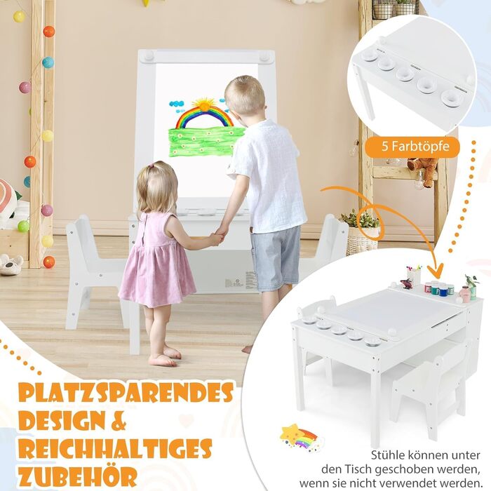 Дитячий стіл DREAMADE 3 в 1 з 2 стільцями, з відкидною кришкою та 2 тканинними ящиками, дитяча меблі для малювання та ігор, з місцем для зберігання (7 відділень), колір білий