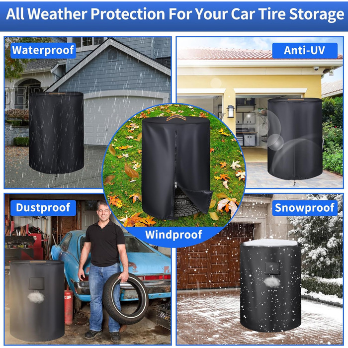 Чохол для коліс автомобіля, великий, міцний, 420D, універсальний, на 4 колеса, з блискавкою, вологостійкий, з світловідбиваючими смугами (Ø 84 см x H 120 см), чорний