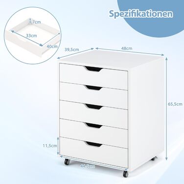 Контейнер GOPLUS з шухлядами, мобільний офісний шафка на колесах, білий, 48 x 39,5 x 65,5 см