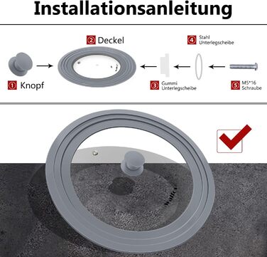 Універсальна скляна кришка для каструль та сковорідок Walfos з силіконовим обідком, термостійка, сіра (діаметр 33, 36, 38 см)