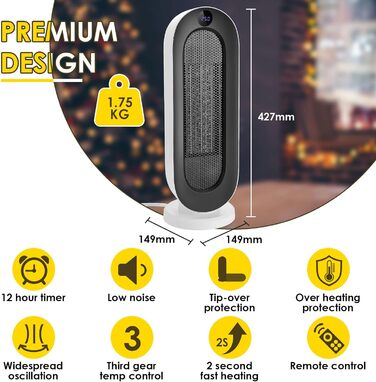 Електричний обігрівач Nictemaw 2000W з керамічним нагрівачем, 3 режими, захист від перекидання, таймер 12 год, осциляція 100°, пульт ДУ, для дому та офісу, білий