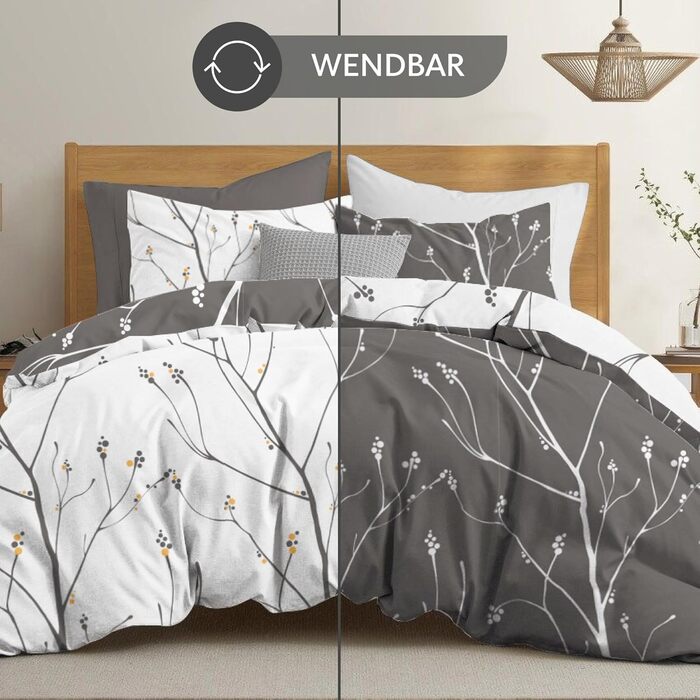 Комплект постільної білизни Dreamzie 200x200 см з 2 наволочками 80x80 см, сірий малюнок гілок - постільна білизна для дорослих 200x200 з 100% мікрофібри, сертифікат Oeko TEX без хімікатів