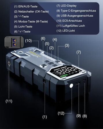 Powerbank Starthilfe 7000A з компресором та LED-ліхтариком: 160PSI, 12V для бензинових та дизельних авто (10L)