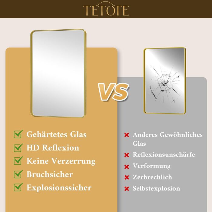 Дзеркало настінне TETOTE 40x50 см, прямокутне, з металевим каркасом, для ванної кімнати, з закругленими кутами, скло загартоване, золотий колір