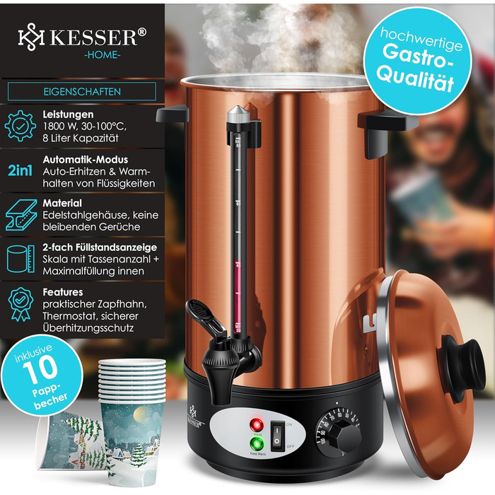 KESSER® Глювайновий котел 8л з нержавіючої сталі, 10 склянок, термостат, автомат для глінтвейну, гарячих напоїв, чайник, дозатор гарячої води, автоклав, індикатор рівня, кран, сріблястий