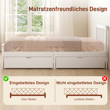 Ліжко одинарне, дерев'яний каркас, ящики на колесах, не потребує ламелей, 90 x 200 см, білий