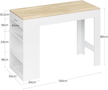 Стіл-бар WOLTU з шухлядою та полицями, вітрина для вина, кухонний стіл для бару, кухні, вітальні, їдальні (90 x 50 x 120 см, білий + світлий дуб)