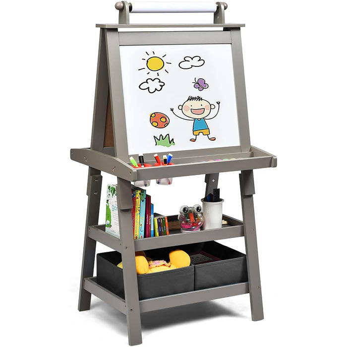 Дитяча мольберт LIFEZEAL 3 в 1: дошка для малювання, whiteboard, крейдяна дошка та рулон паперу, з 2 поличками та ящиками для зберігання, сірий