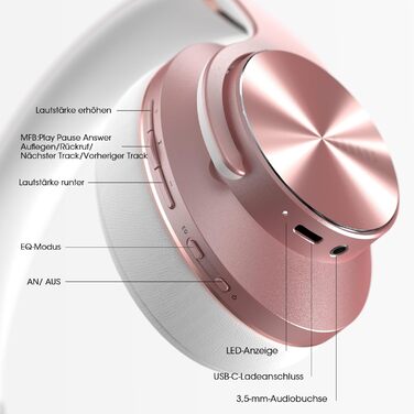 Накладні навушники DOQAUS Bluetooth, 90 годин, 3 режими еквалайзера, HiFi стерео, складні, мікрофон, рожеве золото