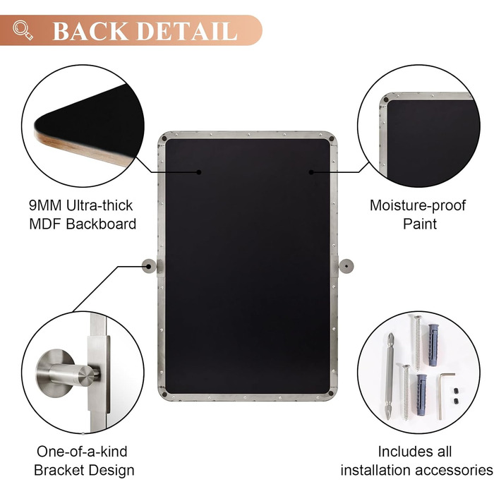 Дзеркало для ванної кімнати MOON MIRROR, прямокутне, з металевим каркасом, 50,8 x 71,1 см, чорне (нікель, 81.3 x 61 см)