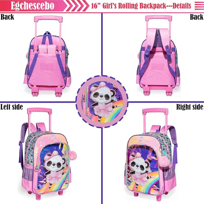 Дитячий рюкзак Egchescebo Satchel для дівчаток на колесах 17 3PCS Туристичні рюкзаки (Pink-xm)