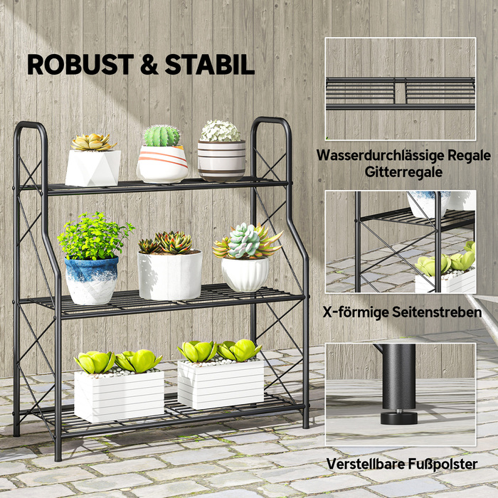 Підставка для рослин на 3 ярусах, 78 см заввишки, квіткова полиця з ручками, металева полиця для рослин чорного кольору