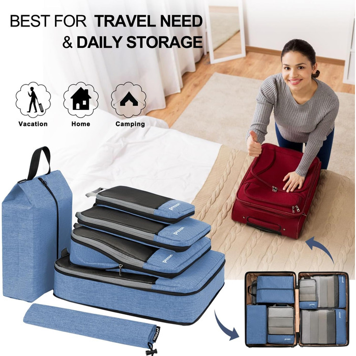 Набір компресійних органайзерів для одягу в подорожі (6 шт), стискаючі пакувальні куби для валізи та рюкзака, синій колір
