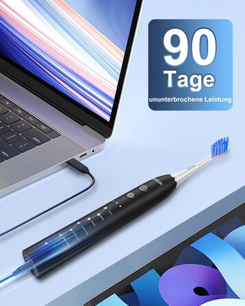 Електрична зубна щітка Sonic з 6 режимами, 3 інтенсивностями, 40000 вібрацій/хв, IPX7, акумулятор 90 днів, таймер, для подорожей, чорна