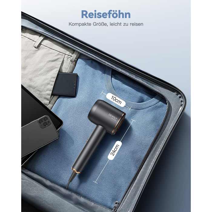 Іонний фен для волосся DEWILY з дифузором 1800 Вт, 3 температурних режими, компактний дорожній сунич для кучерявого волосся (сіро-чорний)