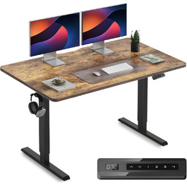 Електричний стіл CUBICUBI з регулюванням висоти, 140 x 60 см. Стельовий стіл з T-подібними ніжками зі сталі, пам'ять керування, антиколізійна система, чорний каркас/коричнева стільниця