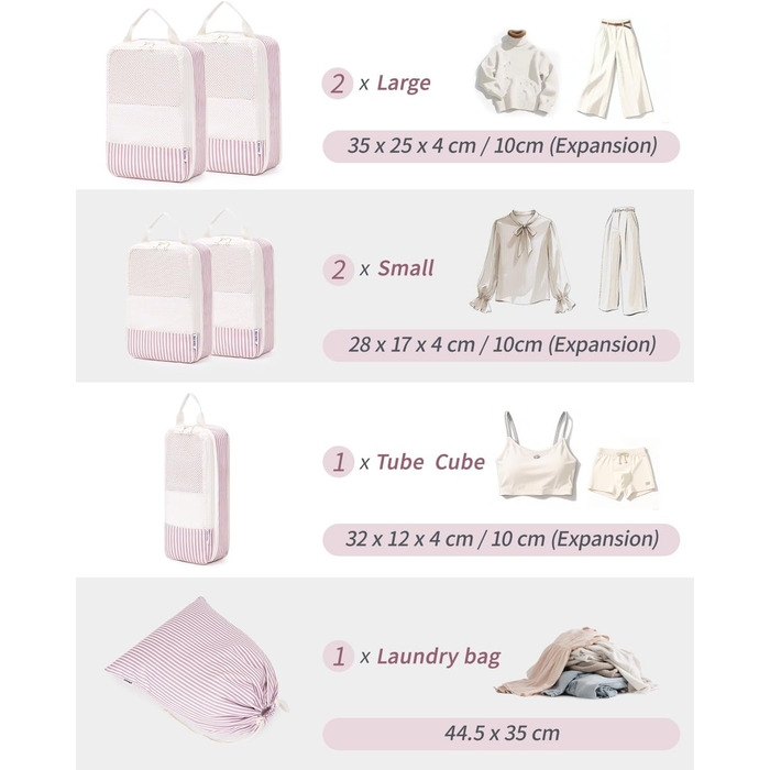Набір органайзерів для валізи та рюкзака Narwey, 6 шт, компресійні пакувальні куби для подорожей (Рожеві смужки)