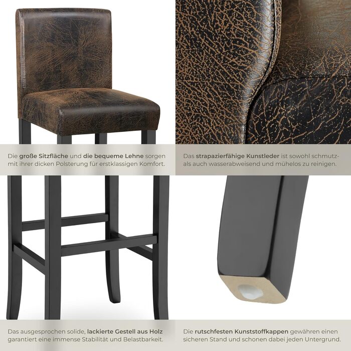 Набір з 2 барних стільців tectake® з підлокітником, античний коричневий, з масиву дерева та штучної шкіри, 107 см