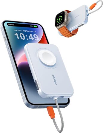 Вт PD, 5000 мАг, зарядка для кабелю Apple і годинника, USB-C, LED-дисплей, синій, 20