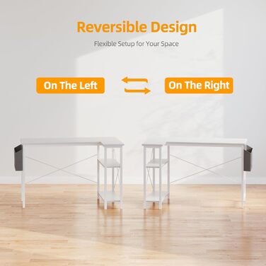 Бексв'ю кутовий стіл L-подібний для геймінгу 100x70 см з полицями, білий. Стіл для комп'ютера, навчання, роботи вдома.