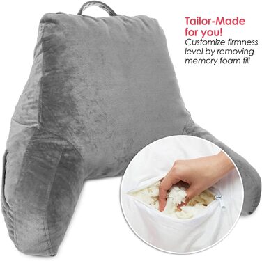 Подушка для читання Clara Clark з підлокітниками для дітей та дорослих – преміум подушка з піною з пам'яті для перегляду телевізора та сидіння в ліжку – сіра, середнього розміру