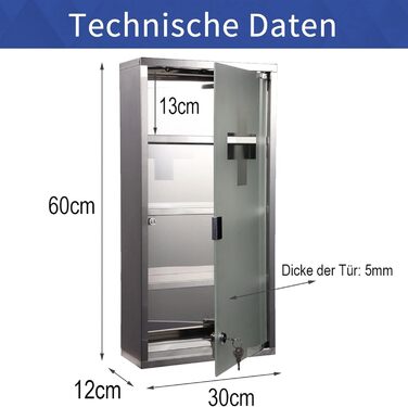 Шафа для ліків з ключем, 60x30x12 см, 4 відділення, металева, з дверцятами зі скла, включаючи 2 ключі (біла)
