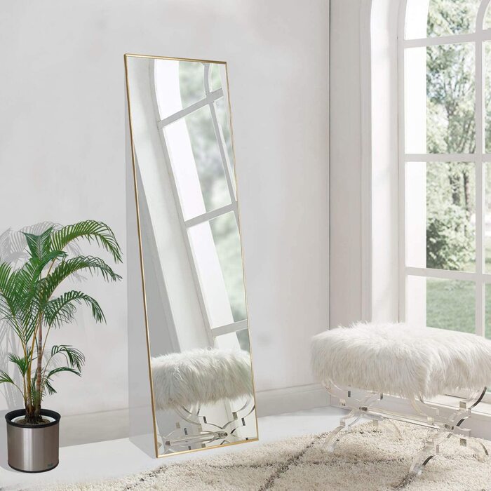 Нове дзеркало в повний зріст 163x54 см, підлогове дзеркало в повний зріст з підставкою для стояння або притулення до стіни, підлогове дзеркало для спальні, ванної, вітальні, арочне (золото) (140 х 40 см, золотого кольору)