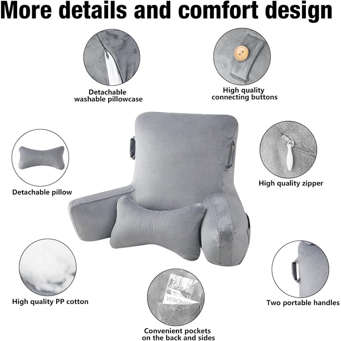 Лежанка для читання в ліжко для дорослих Suewidfay, 90x80 см, велика спинка з підголовником та підлокітником, комфортна подушка для читання в ліжко, диван або на підлогу