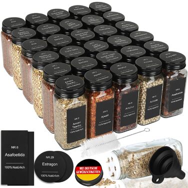 Набір контейнерів для спецій на 30 штук з мірками та вологостійкими етикетками, 120 мл, чорний, з кришками