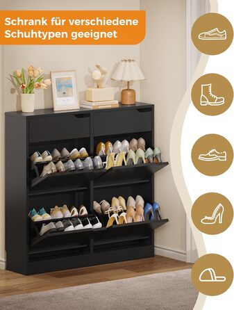 Шкаф для взуття IRONCK з 4 дверцятами, вузький, з 2 висувними ящиками, окремо стоячий, з регульованими перегородками, для передпокою, входу та вітальні (Білий) Білий (100x23.5x98см, Чорний)