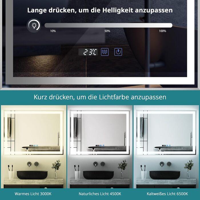 Дзеркало для ванної кімнати YOURLITE з LED-підсвічуванням 100x60 см, сенсорне управління, годинник, антизапар, 3 кольори світла, регулювання яскравості, функція пам'яті, білий (срібло)