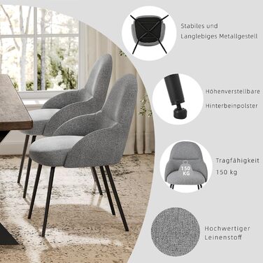 Набір обідніх стільців з підлокітниками – ергономічні м'які стільці, сучасні кухонні стільці з льоновим покриттям та металевими ніжками, для вітальні, обідньої кімнати, кухні, бежевий (2 шт., льон світло-сірий)